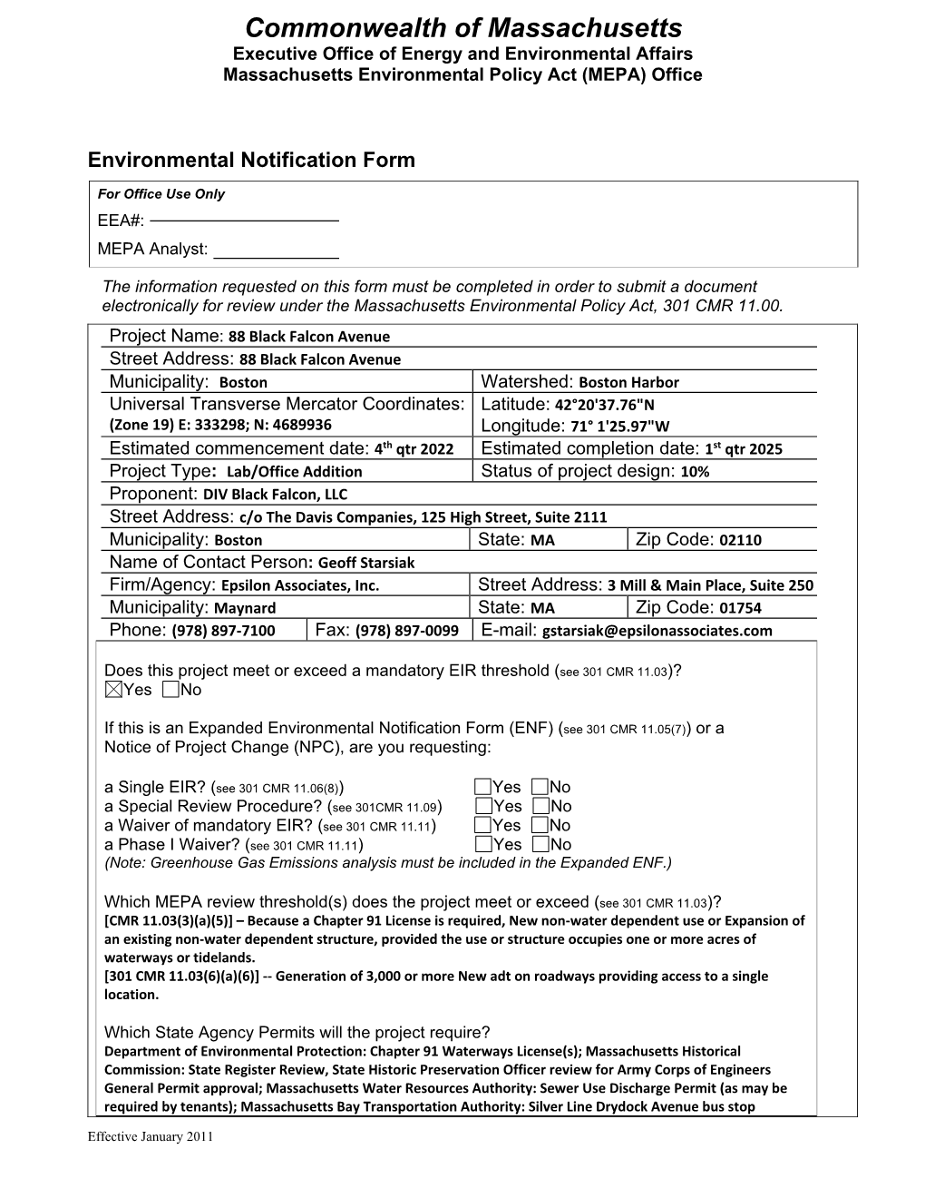 Commonwealth of Massachusetts Executive Office of Energy and Environmental Affairs Massachusetts Environmental Policy Act (MEPA) Office