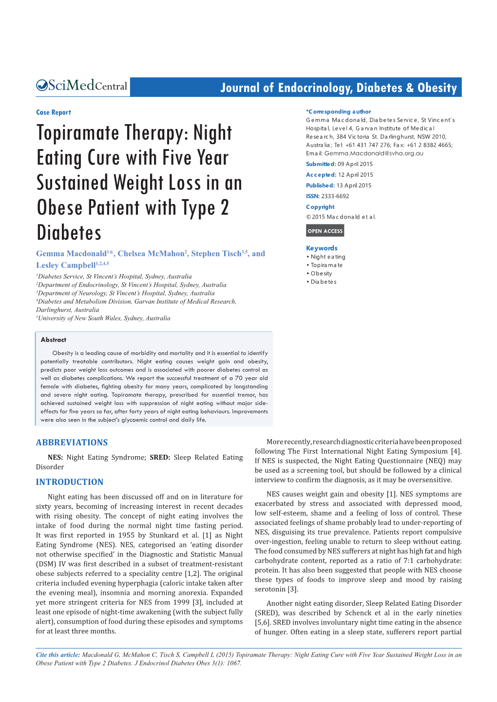 Topiramate Therapy: Night Eating Cure with Five Year Sustained Weight Loss in an Obese Patient with Type 2 Diabetes