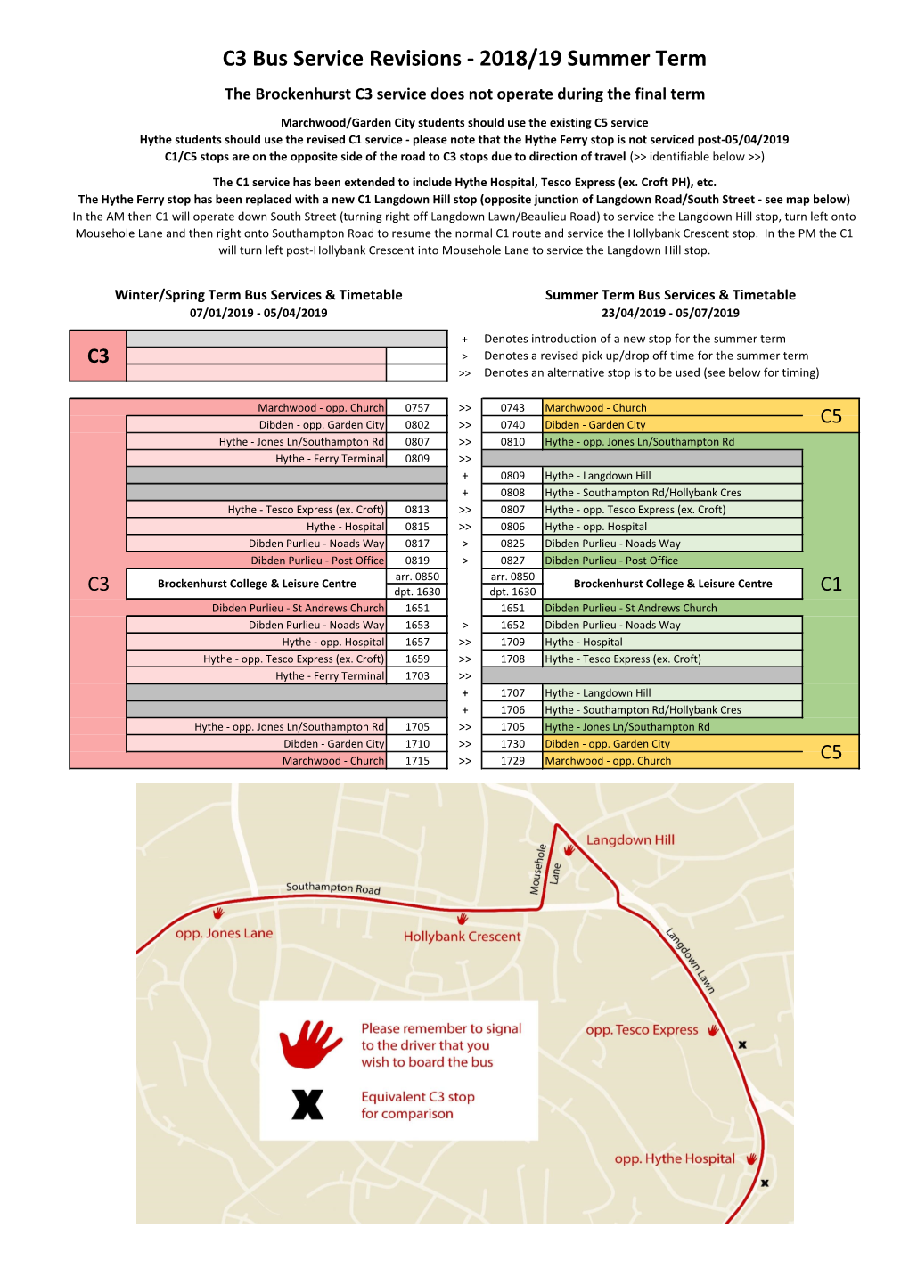 C3 Bus Service Revisions - 2018/19 Summer Term the Brockenhurst C3 Service Does Not Operate During the Final Term