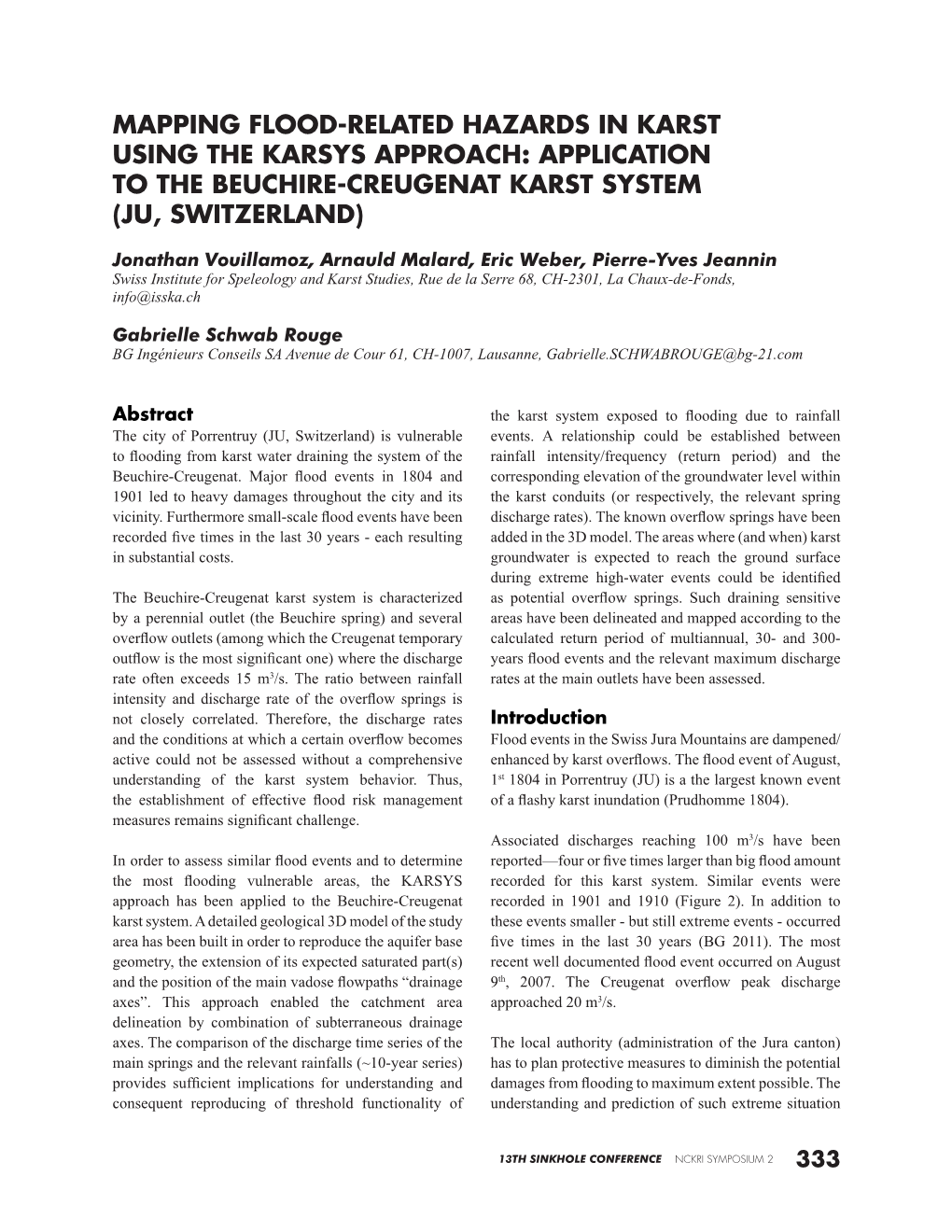 Mapping Flood-Related Hazards in Karst Using the Karsys Approach: Application to the Beuchire-Creugenat Karst System (Ju, Switzerland)