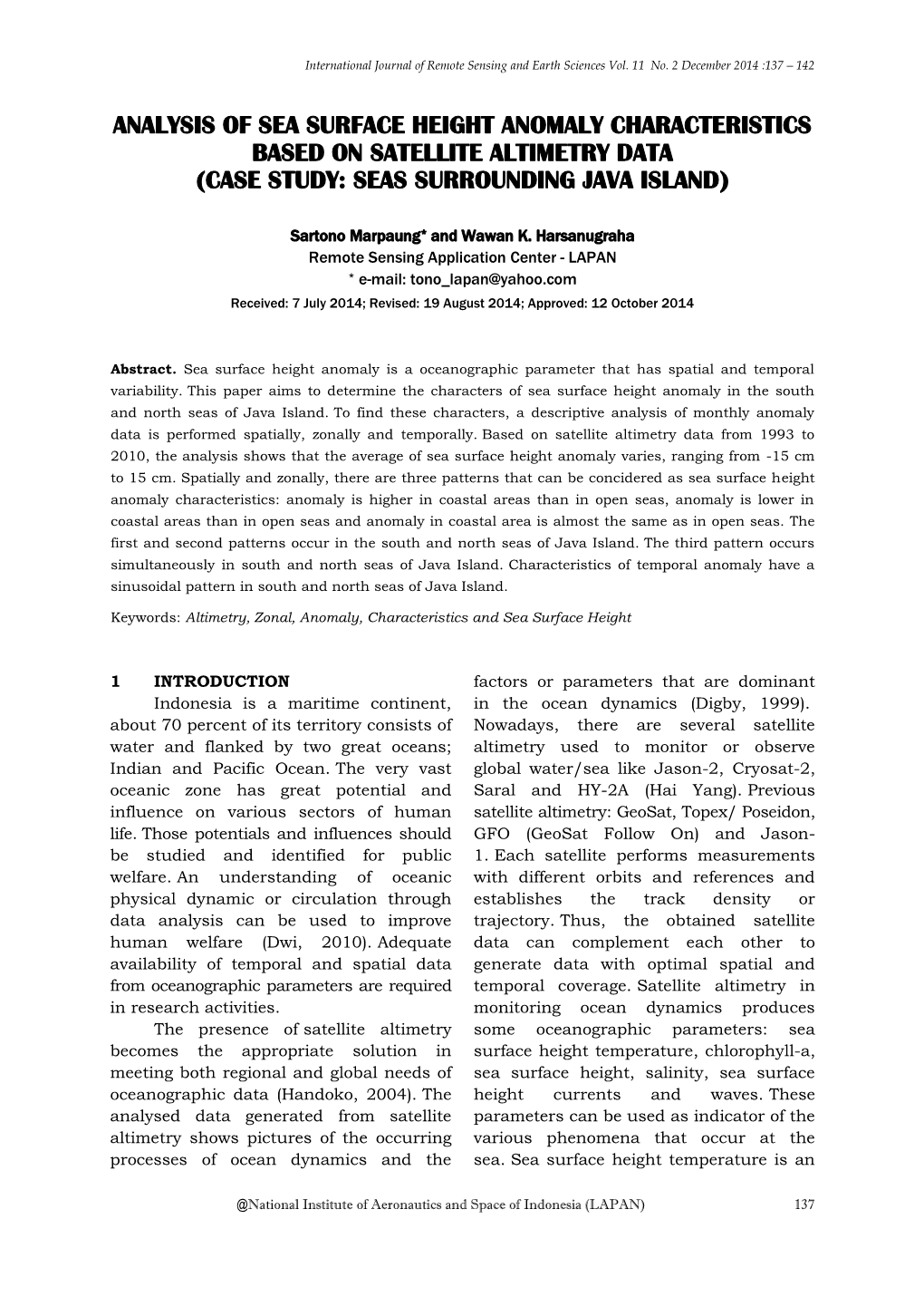 Analysis of Sea Surface Height Anomaly Characteristics Based on Satellite Altimetry Data (Case Study: Seas Surrounding Java Island)