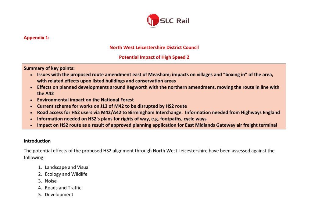 Appendix 1: North West Leicestershire District Council Potential Impact of High Speed 2