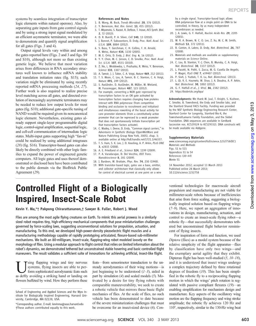 Controlled Flight of a Biologically Inspired, Insect-Scale Robot