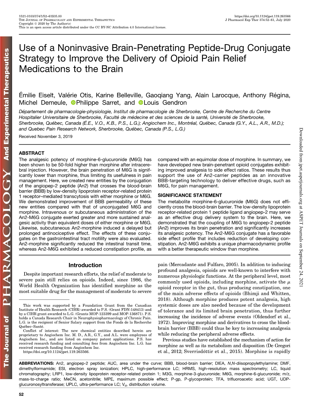 Use of a Noninvasive Brain-Penetrating Peptide-Drug Conjugate Strategy to Improve the Delivery of Opioid Pain Relief Medications to the Brain