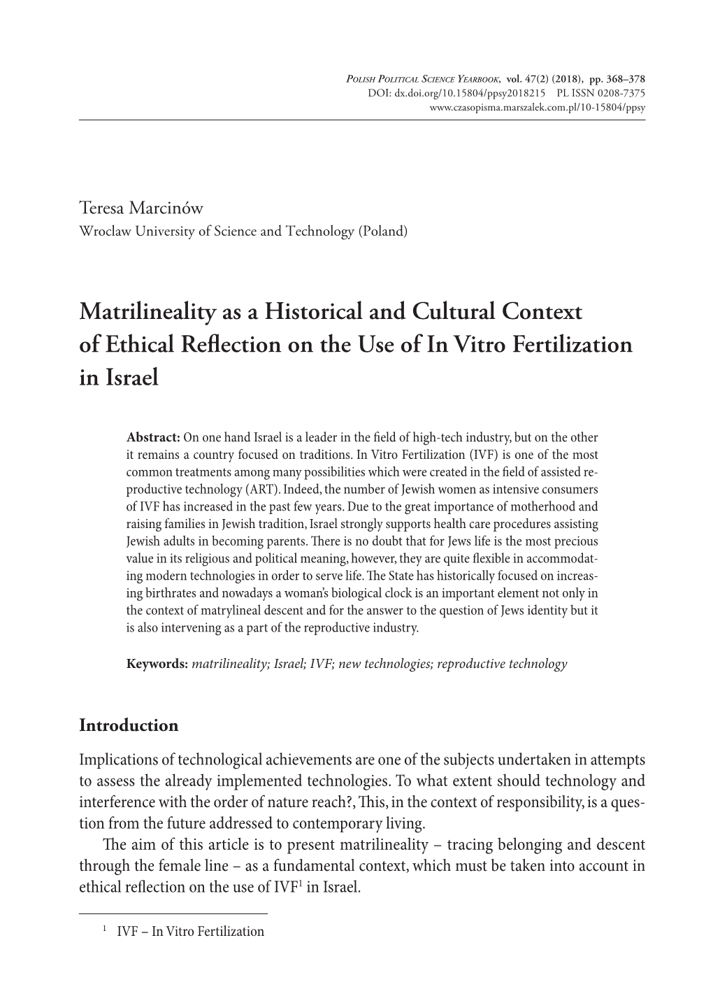 Matrilineality As a Historical and Cultural Context of Ethical Reflection on the Use of in Vitro Fertilization in Israel