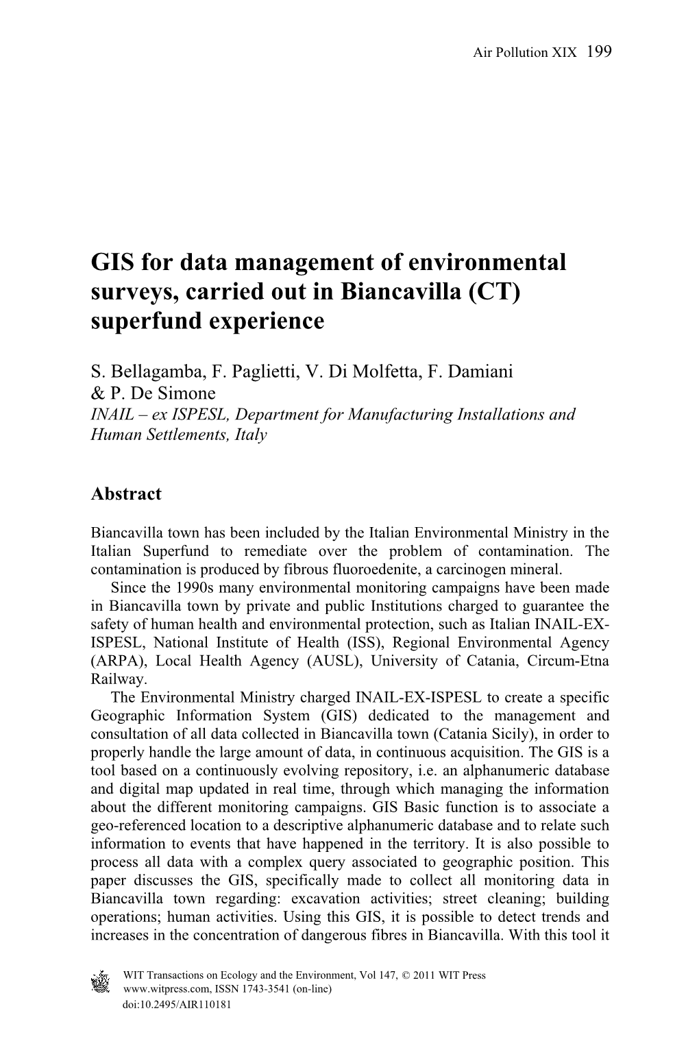 GIS for Data Management of Environmental Surveys, Carried out in Biancavilla (CT) Superfund Experience