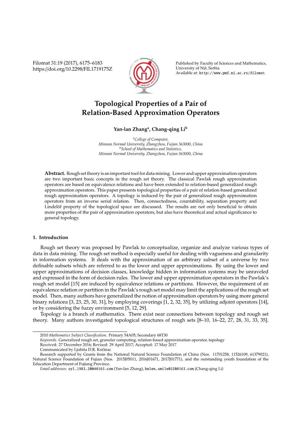 Topological Properties of a Pair of Relation-Based Approximation Operators