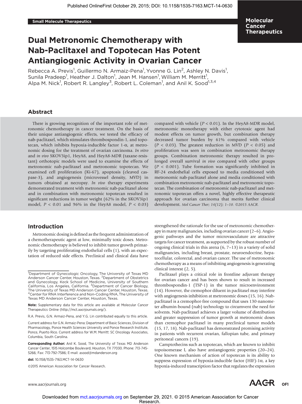 Dual Metronomic Chemotherapy with Nab-Paclitaxel and Topotecan Has Potent Antiangiogenic Activity in Ovarian Cancer Rebecca A