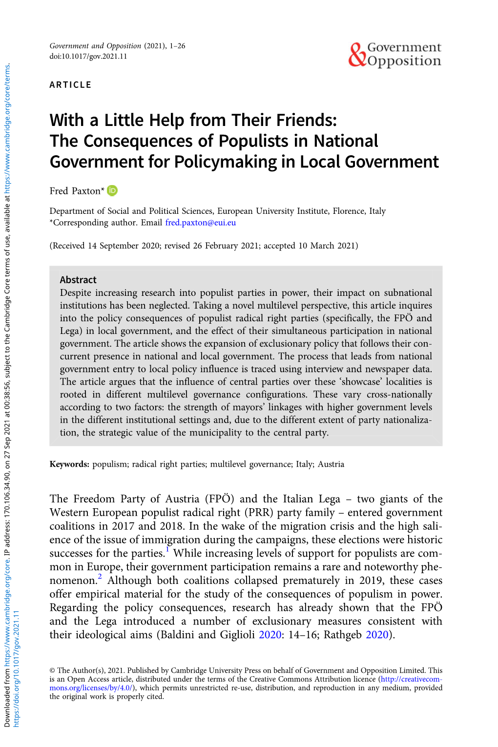 With a Little Help from Their Friends: the Consequences of Populists in National Government for Policymaking in Local Government