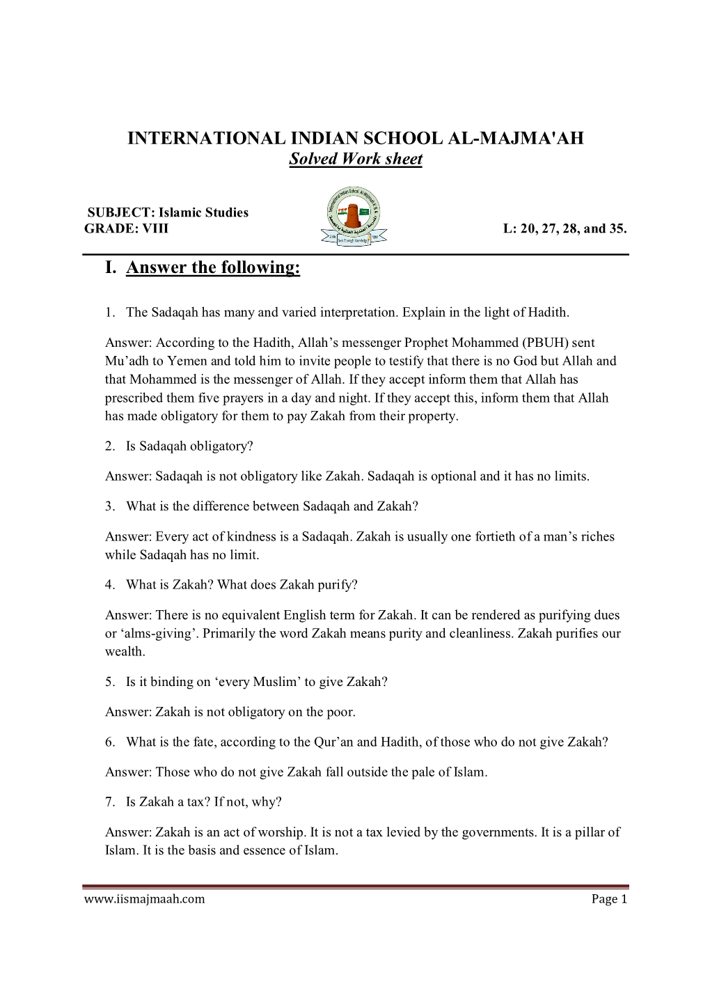 INTERNATIONAL INDIAN SCHOOL AL-MAJMA'ah I. Answer the Following