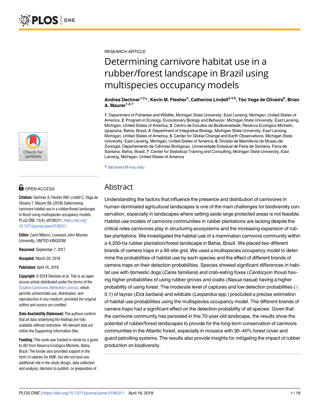 Determining Carnivore Habitat Use in a Rubber/Forest Landscape in Brazil Using Multispecies Occupancy Models