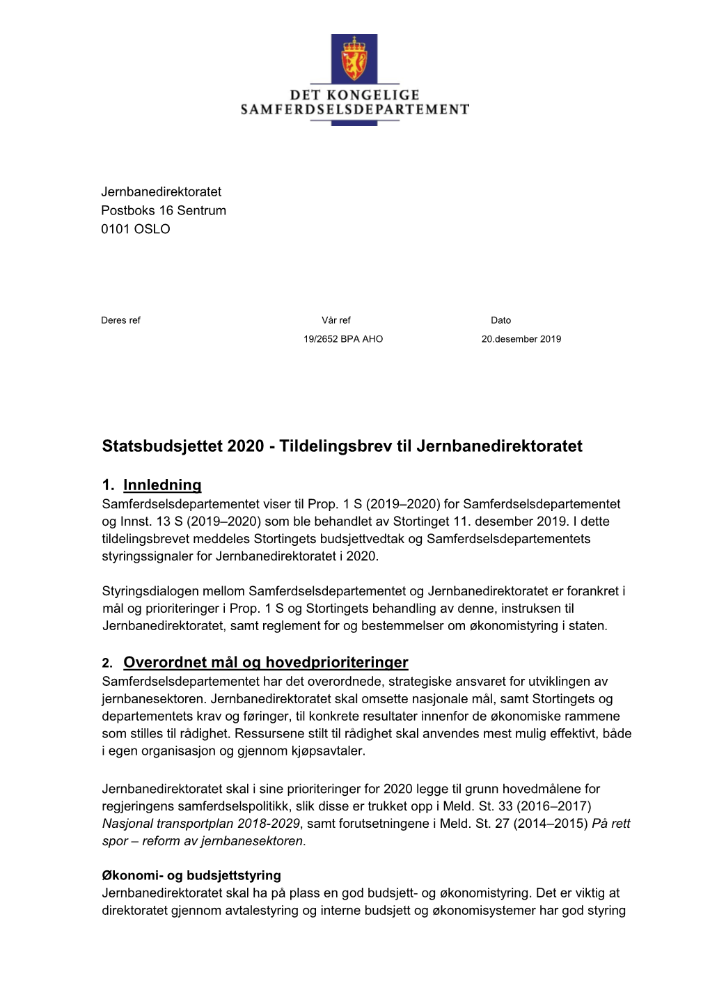 Statsbudsjettet 2020 - Tildelingsbrev Til Jernbanedirektoratet
