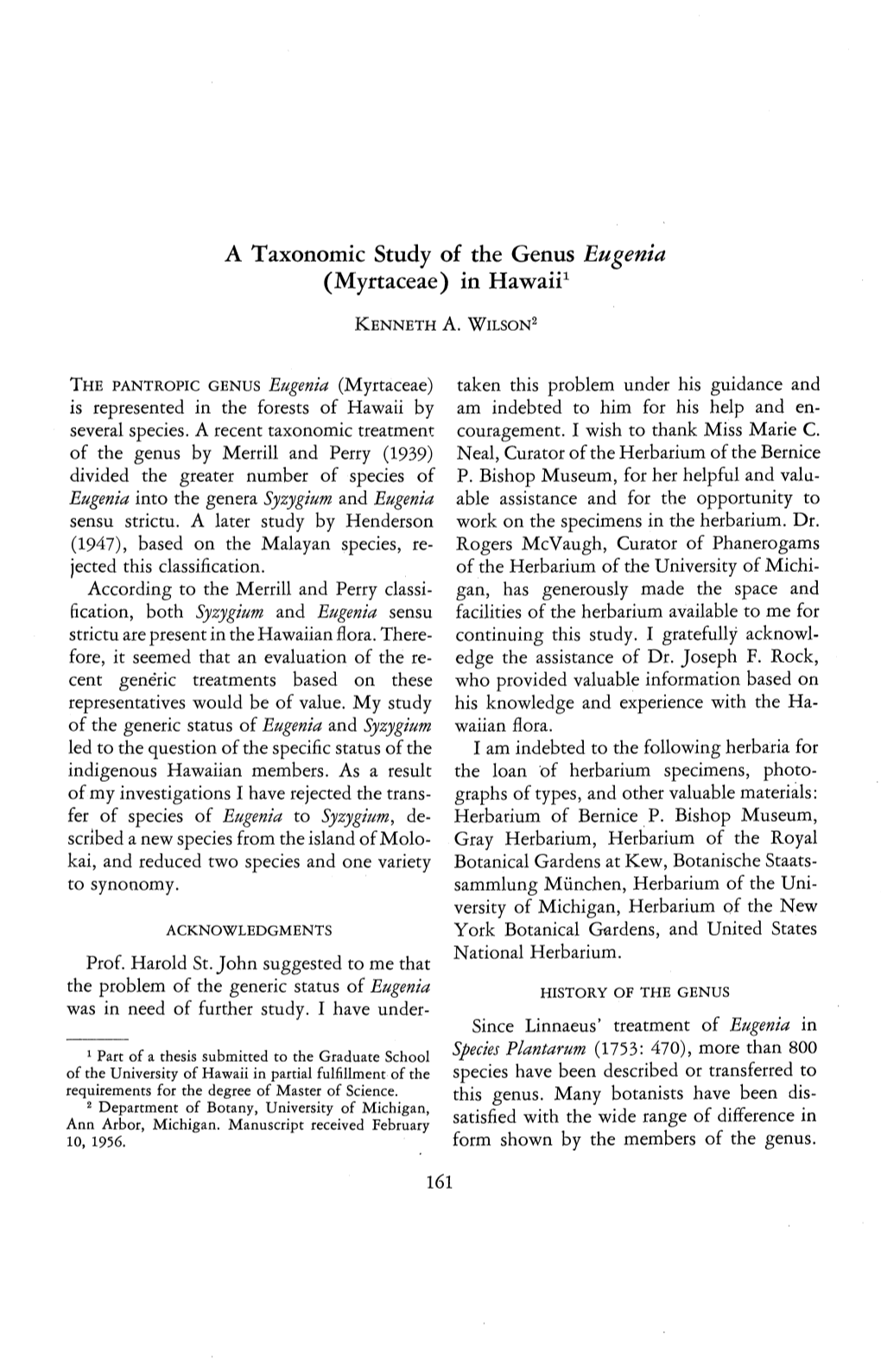 A Taxonomic Study of the Genus Eugenia (Myrtaceae) in Hawaii1
