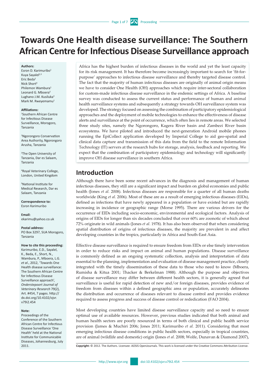 Towards One Health Disease Surveillance: the Southern African Centre for Infectious Disease Surveillance Approach