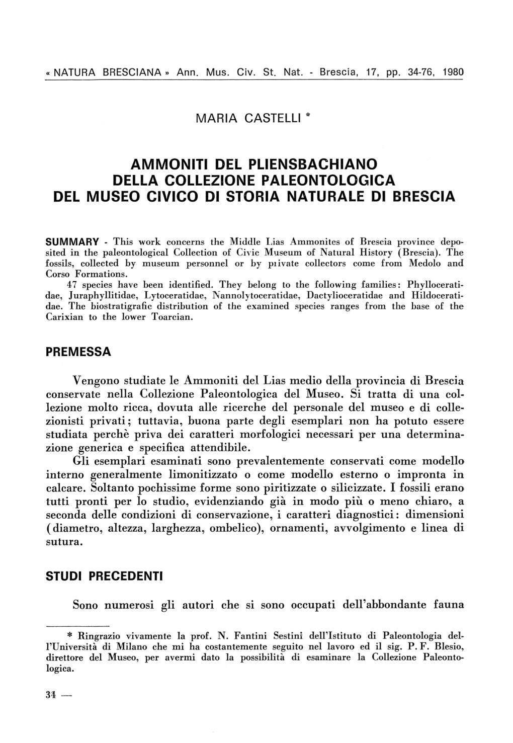 Ammoniti Del Pliensbachiano Della Collezione Paleontologica Del Museo Civico Di Storia Naturale Di Brescia