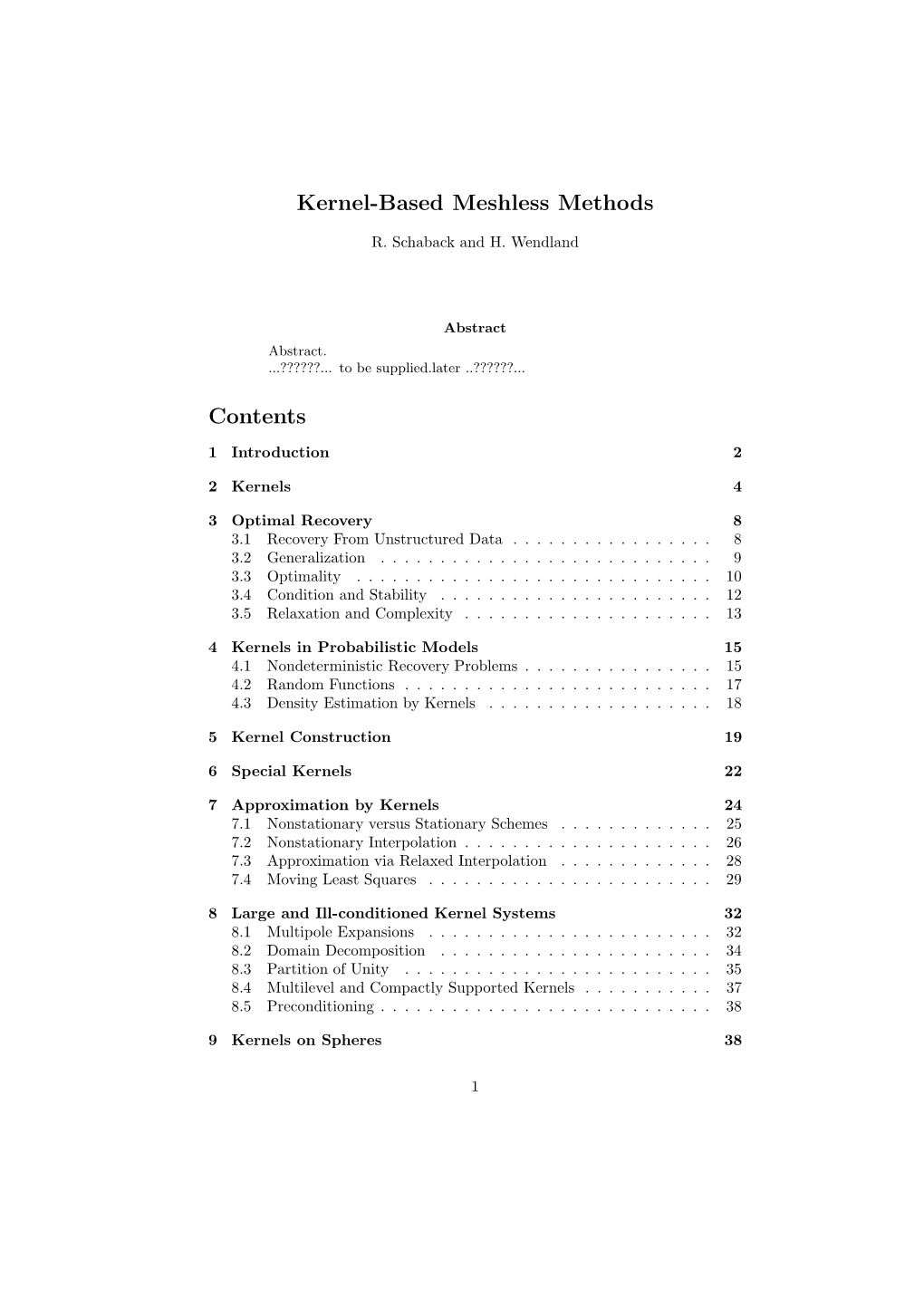 Kernel-Based Meshless Methods Contents