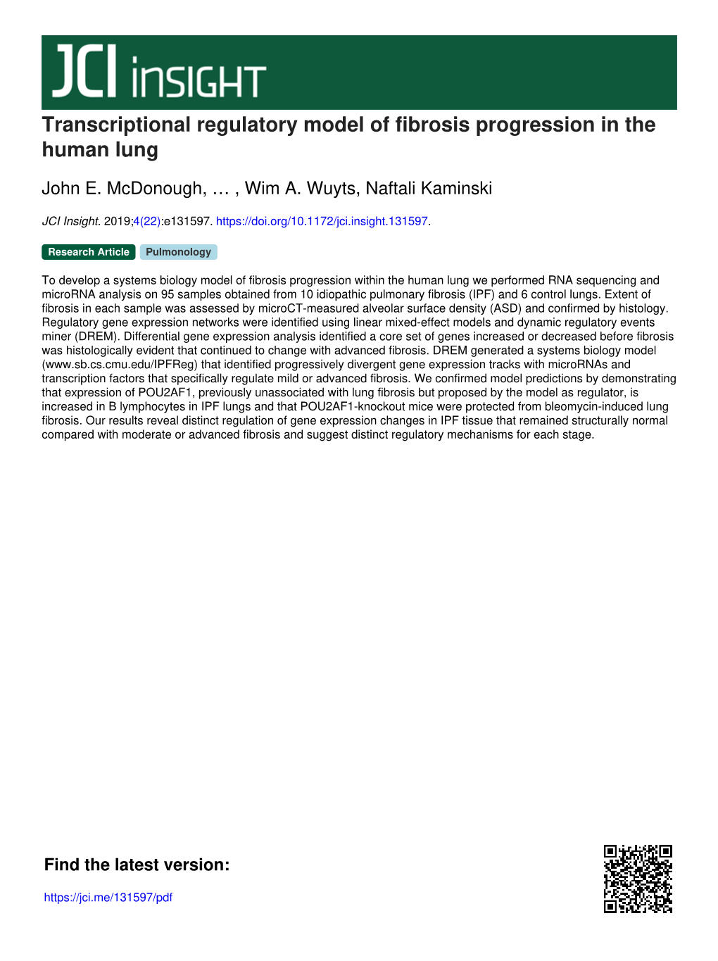 Transcriptional Regulatory Model of Fibrosis Progression in the Human Lung