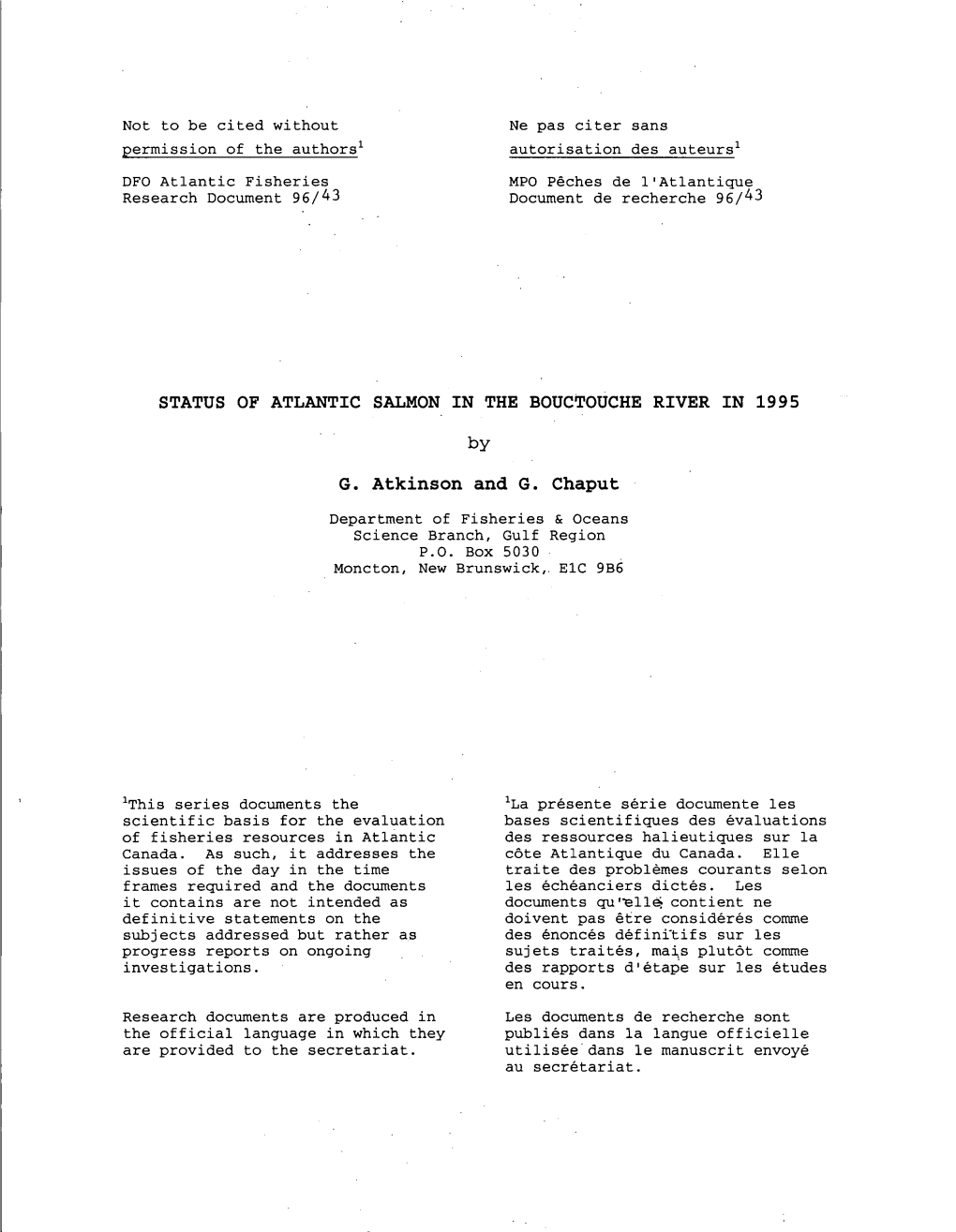 Status of Atlantic Slamon in the Bouctouche River in 1995