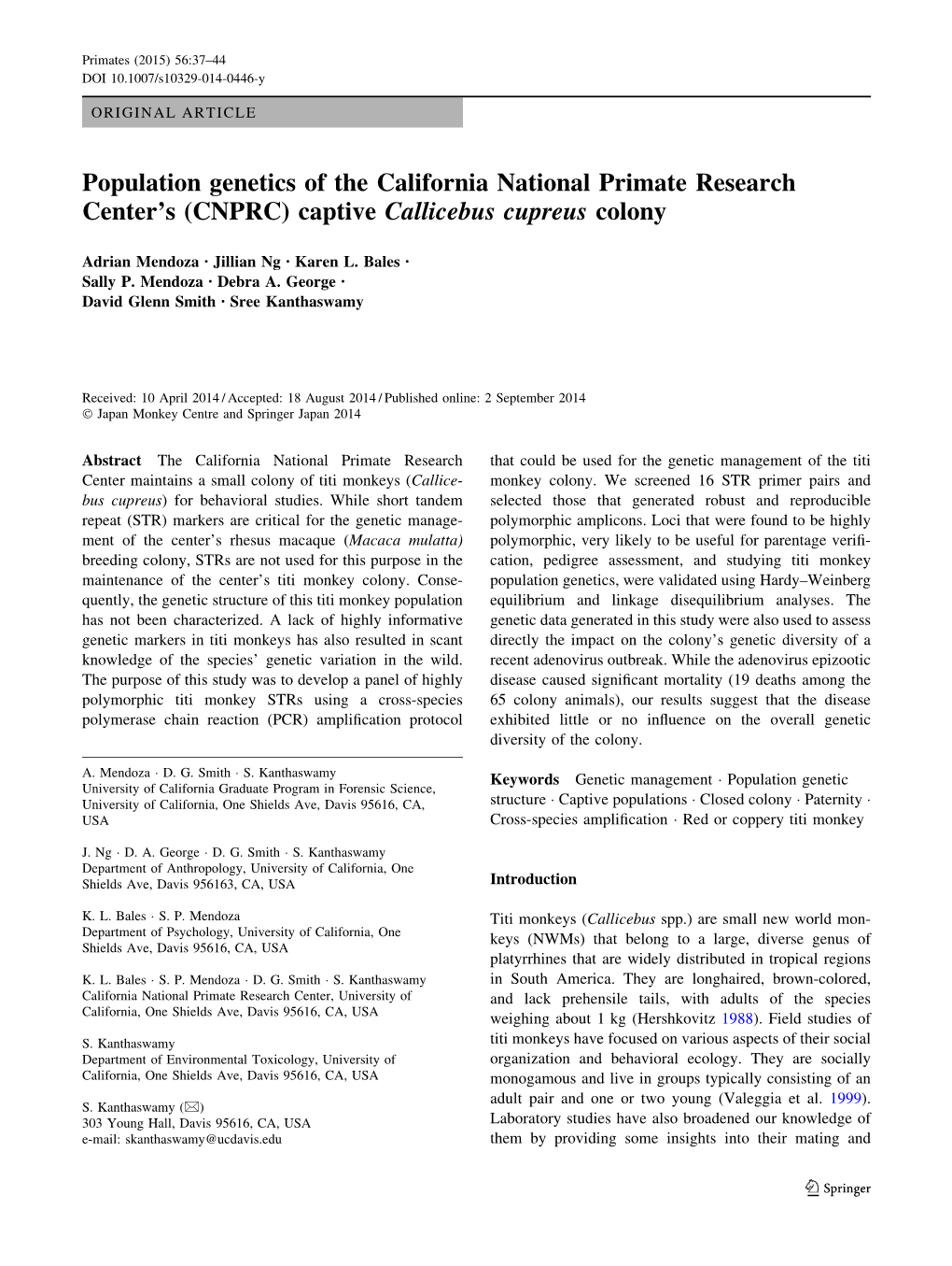 Population Genetics of the California National Primate Research Center’S (CNPRC) Captive Callicebus Cupreus Colony