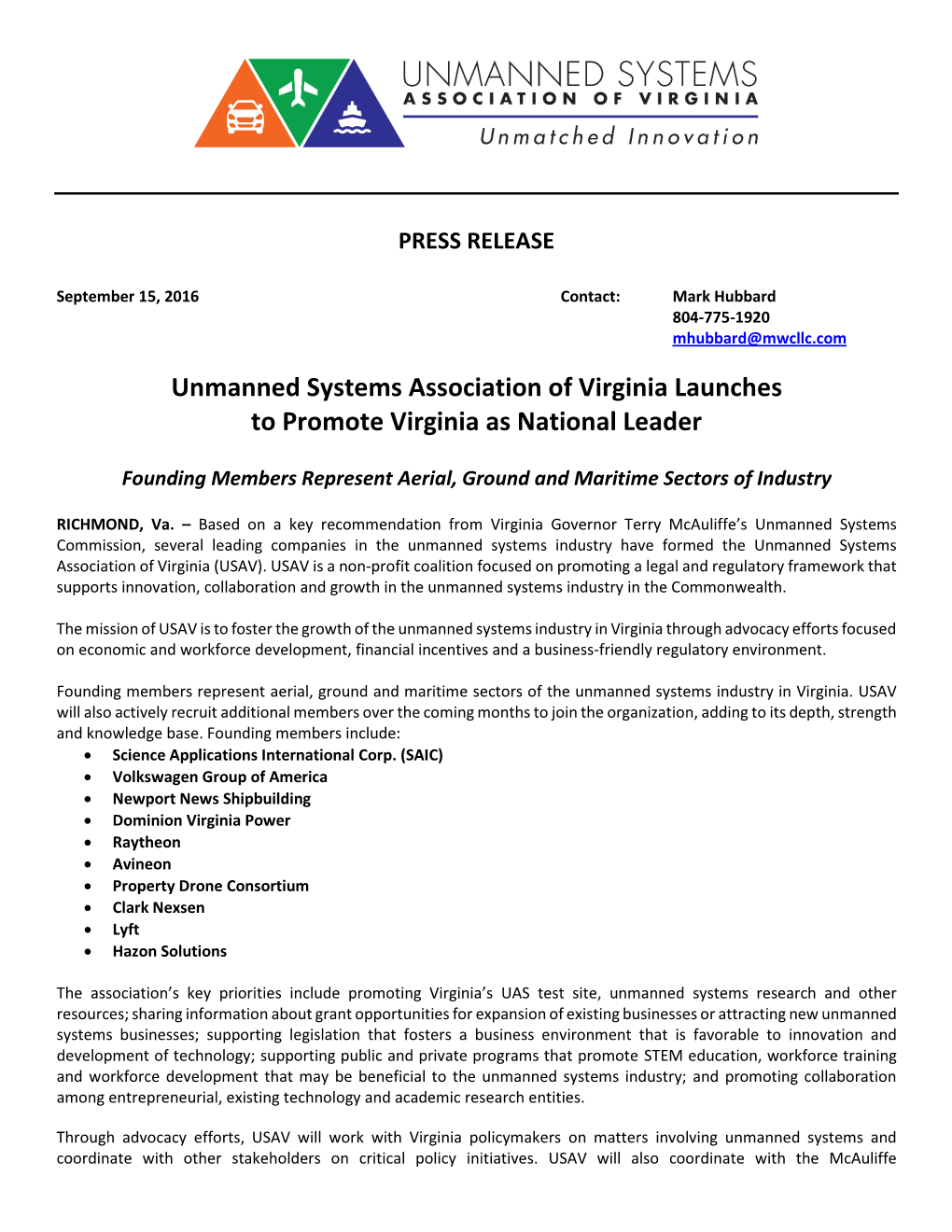 Unmanned Systems Association of Virginia Launches to Promote Virginia As National Leader