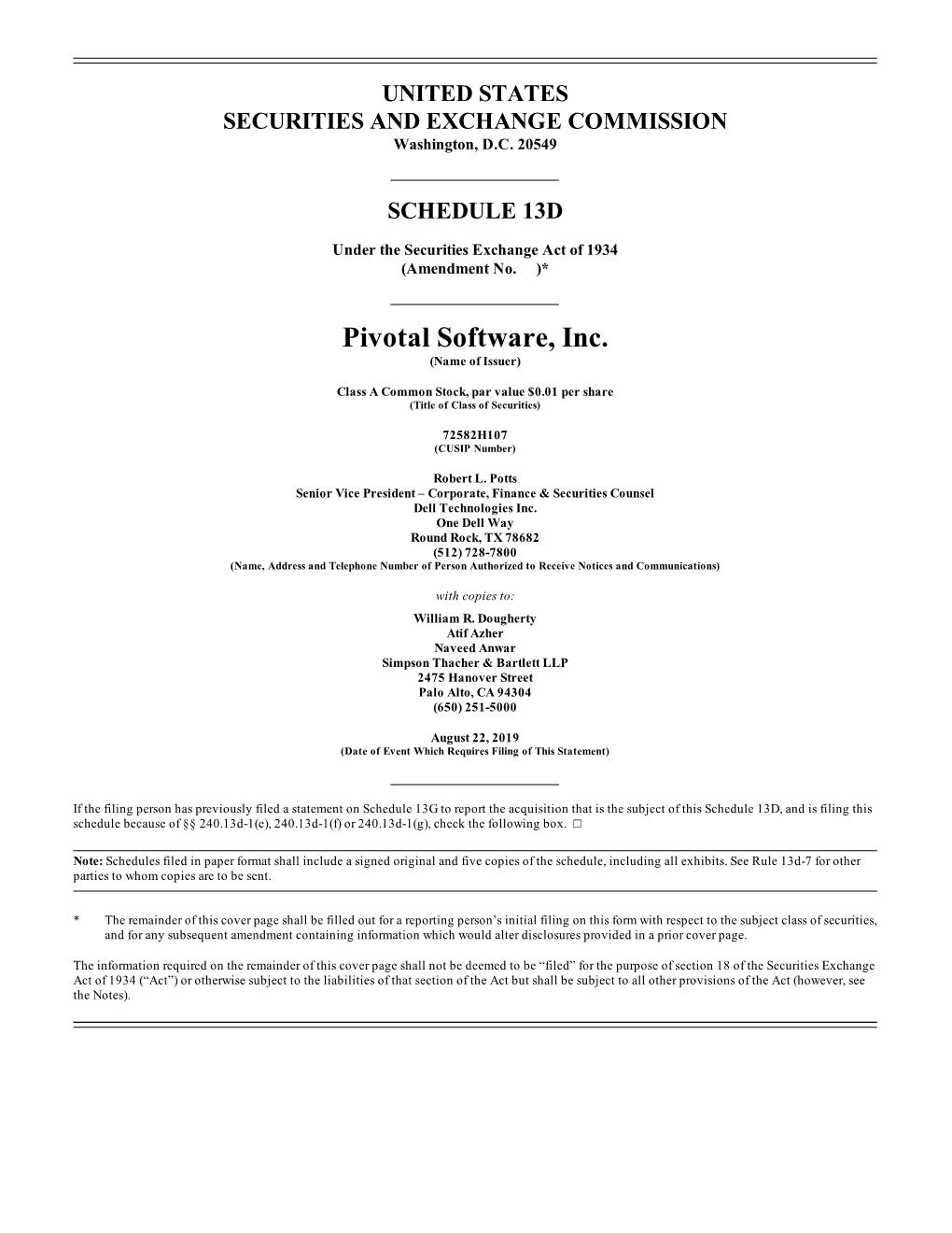 Pivotal Software, Inc. (Name of Issuer)