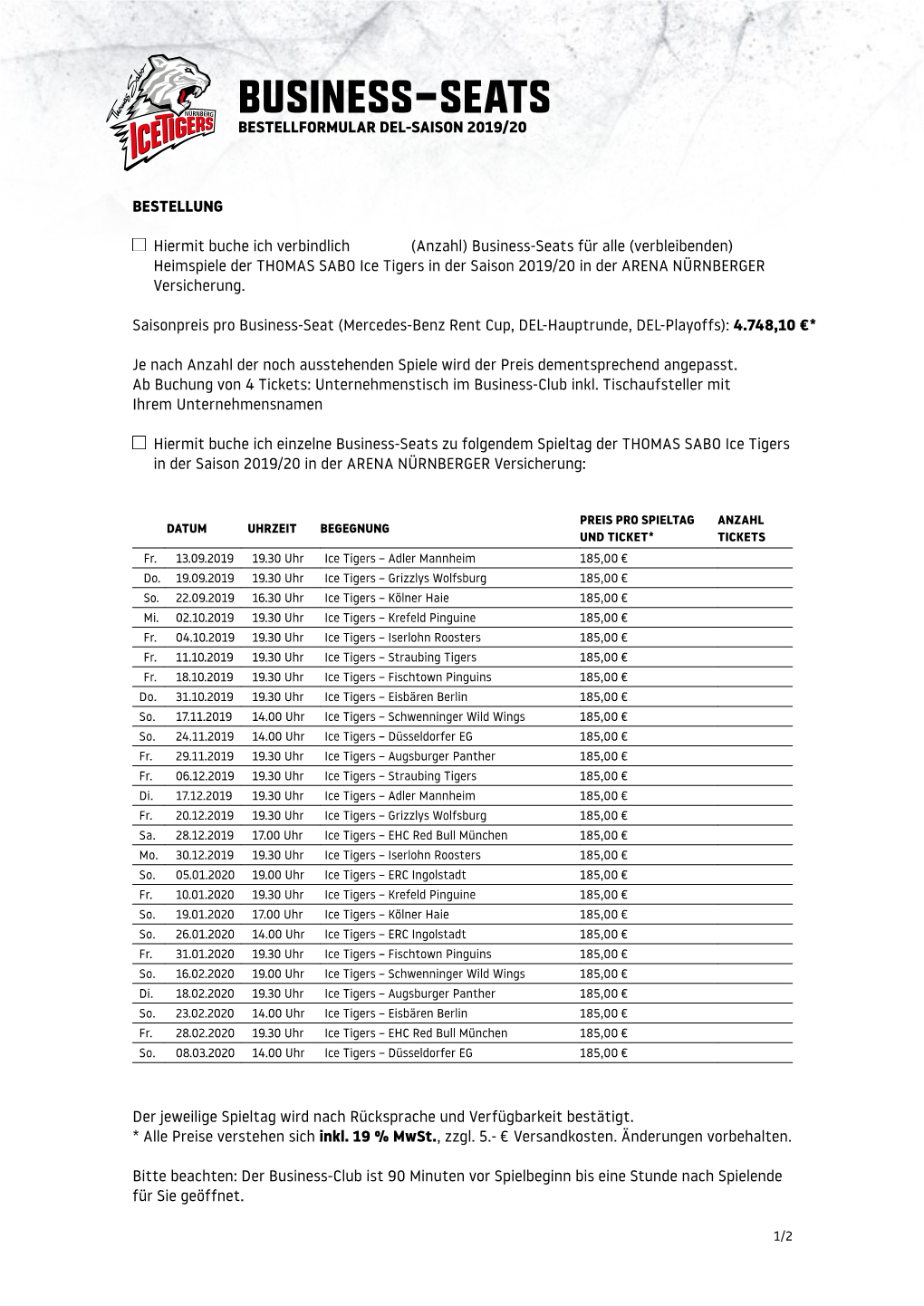 Business-Seats Bestellformular Del-Saison 2019/20