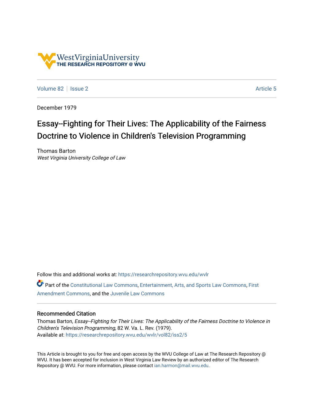 The Applicability of the Fairness Doctrine to Violence in Children's Television Programming