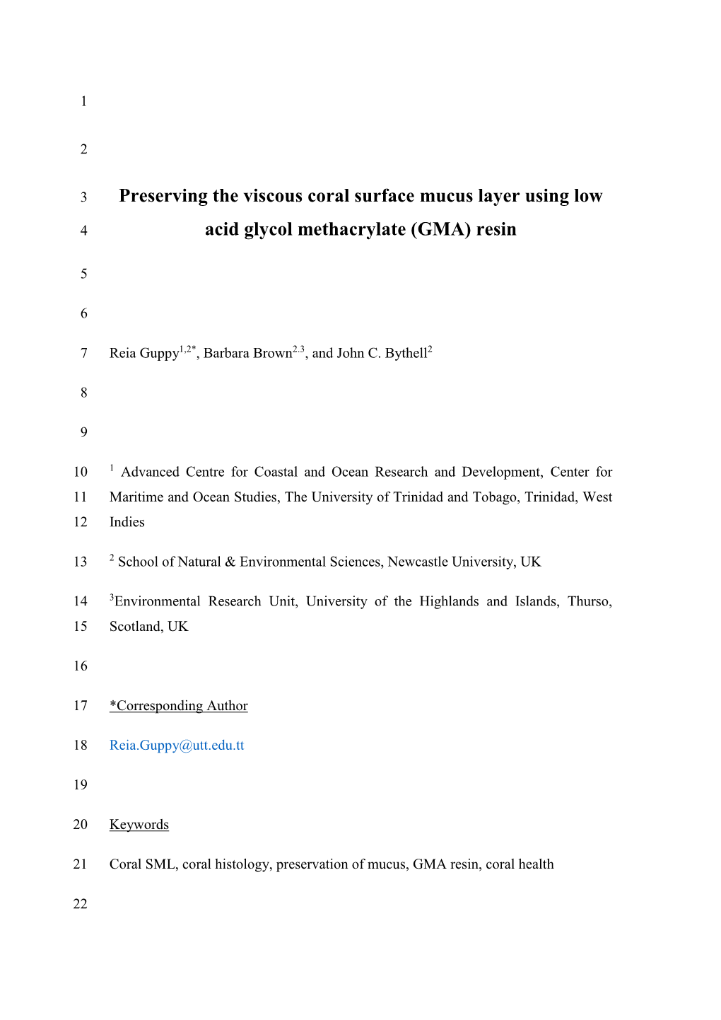 Novel Method for Preserving the Coral Mucus Surface Layer