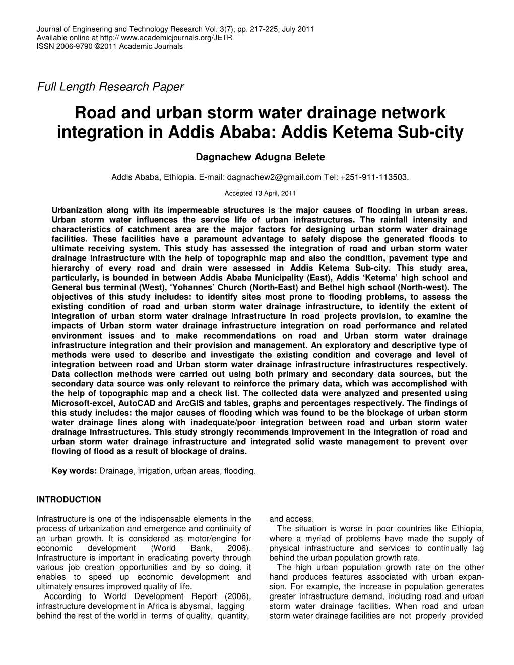 Road and Urban Storm Water Drainage Network Integration in Addis Ababa: Addis Ketema Sub-City
