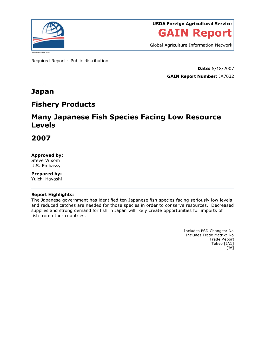 Japan Fishery Products Many Japanese Fish Species Facing Low Resource Levels 2007
