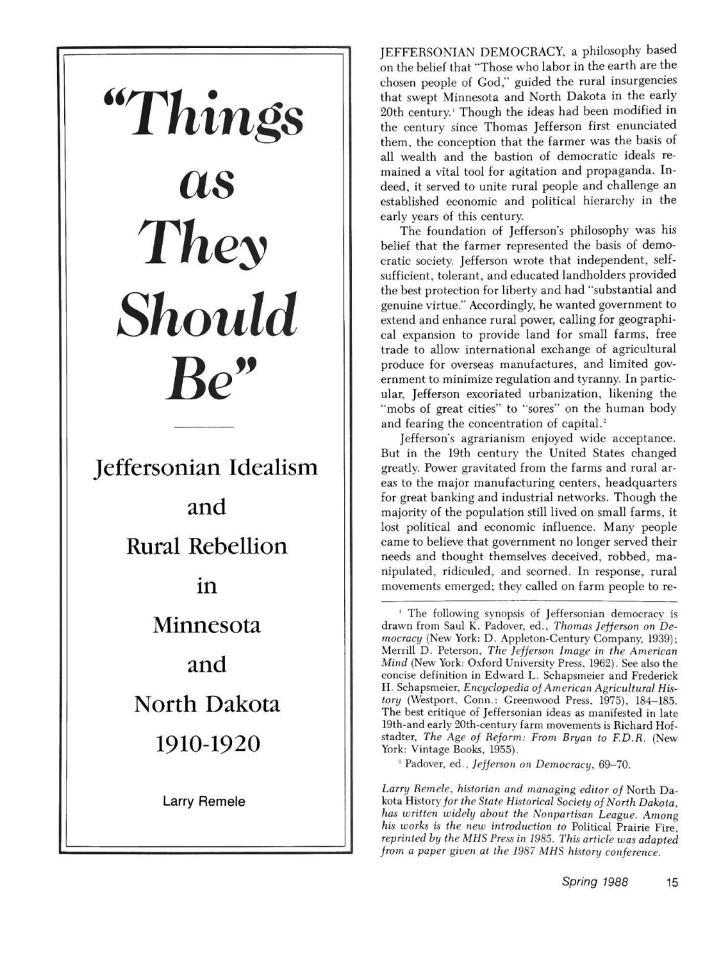 Jeffersonian Idealism and Rural Rebellion in Minnesota and North