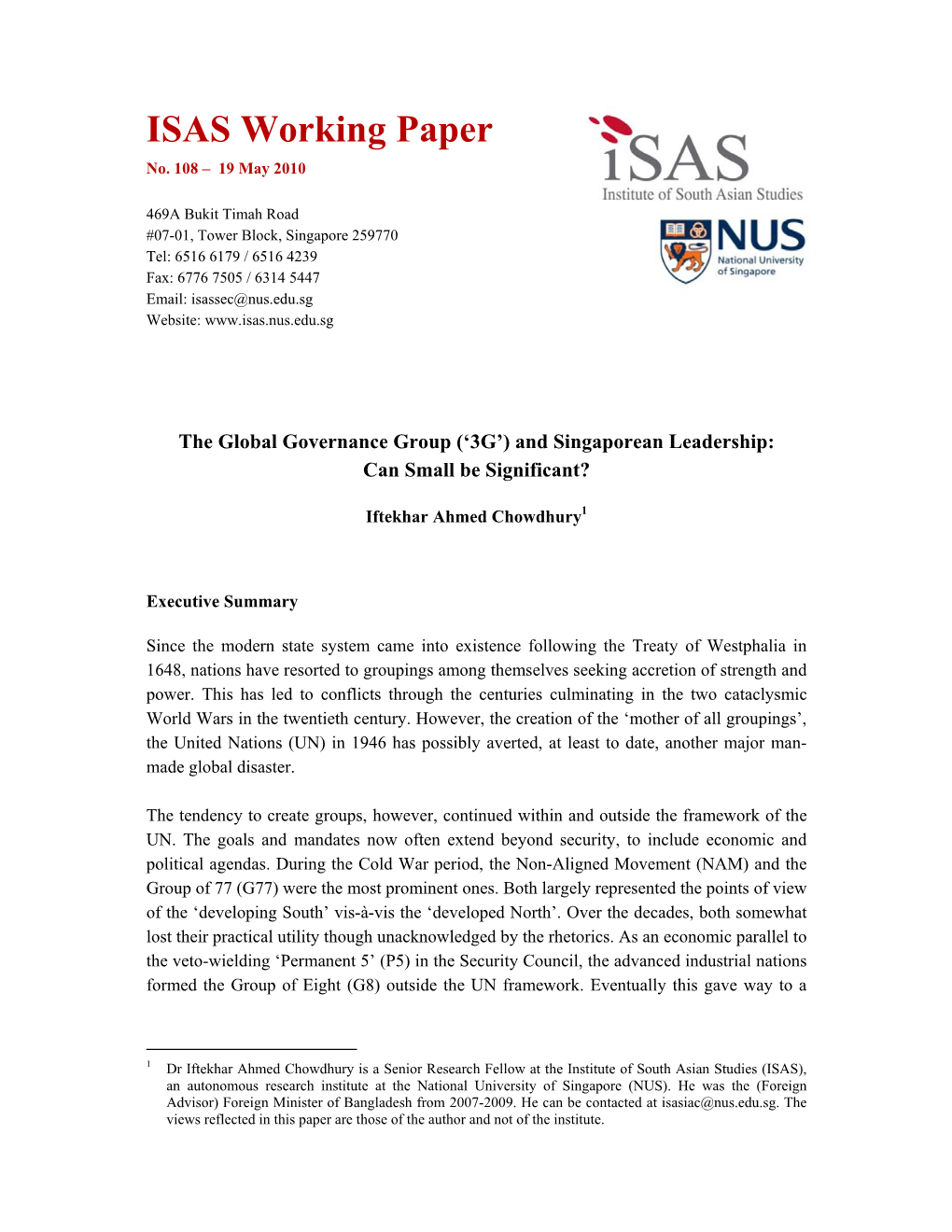 The Global Governance Group ('3G') and Singaporean Leadership: Can