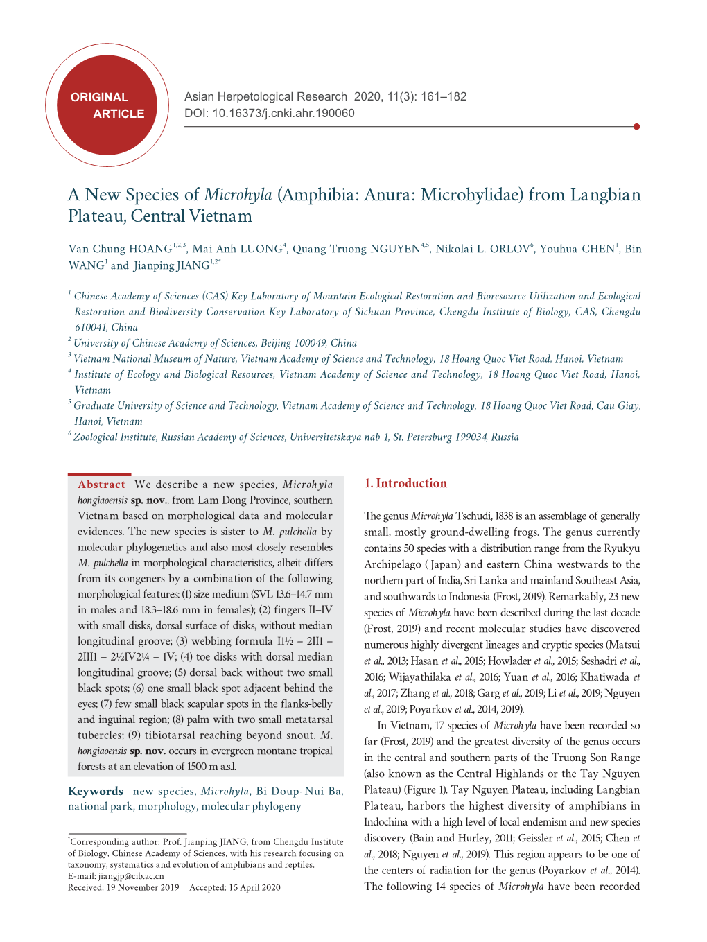 A New Species of Microhyla (Amphibia: Anura: Microhylidae) from Langbian Plateau, Central Vietnam