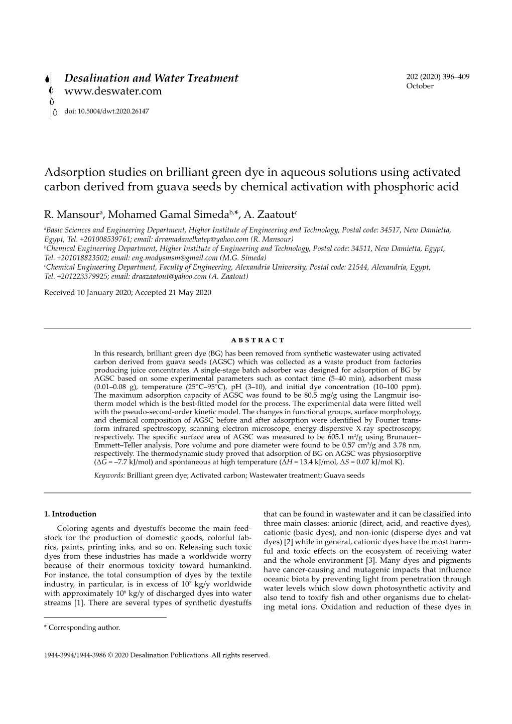 Adsorption Studies on Brilliant Green Dye in Aqueous Solutions Using Activated Carbon Derived from Guava Seeds by Chemical Activation with Phosphoric Acid