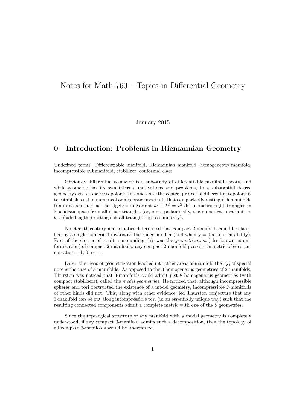 Notes for Math 760 – Topics in Differential Geometry