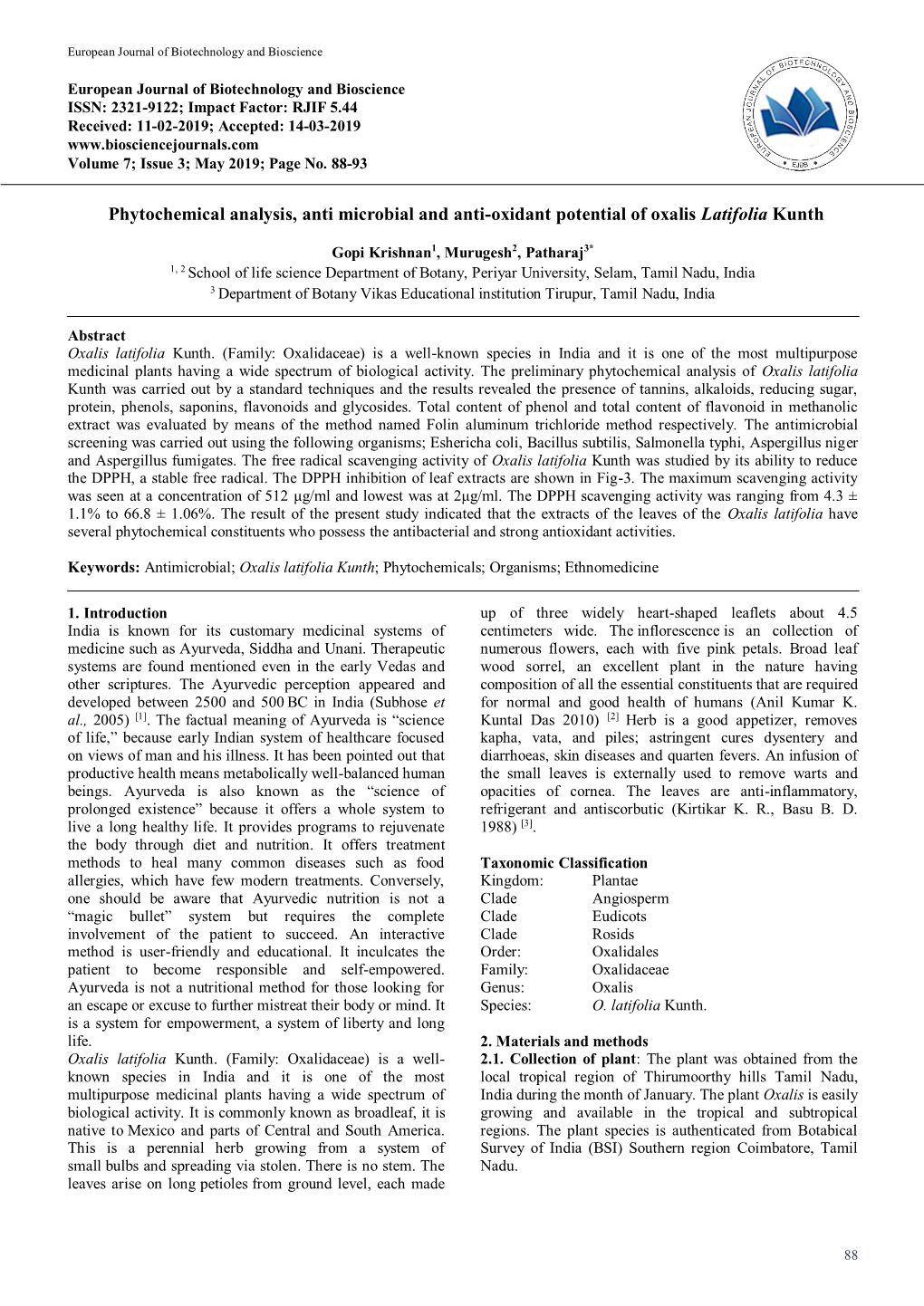 Phytochemical Analysis, Anti Microbial and Anti-Oxidant Potential of Oxalis Latifolia Kunth