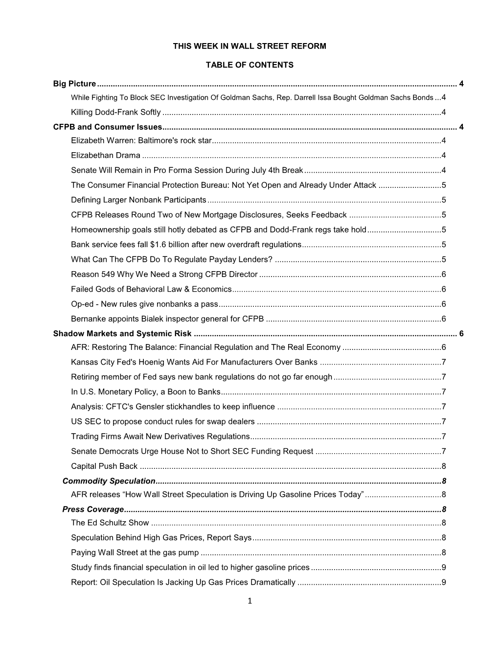 This Week in Wall Street Reform Table of Contents