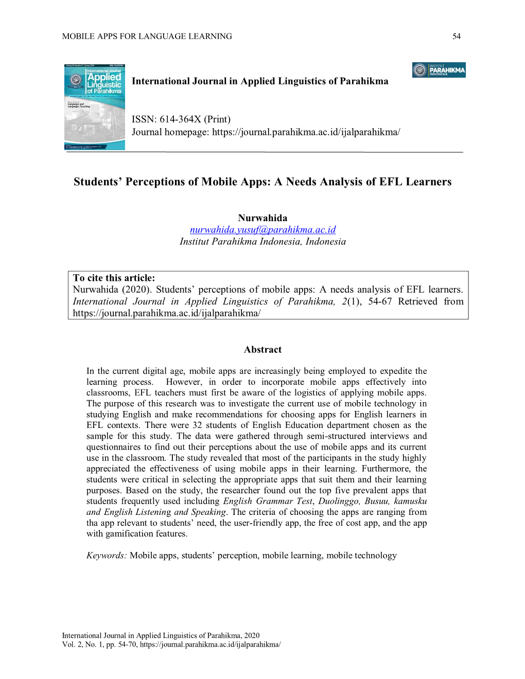 Students' Perceptions of Mobile Apps: a Needs Analysis of EFL Learners