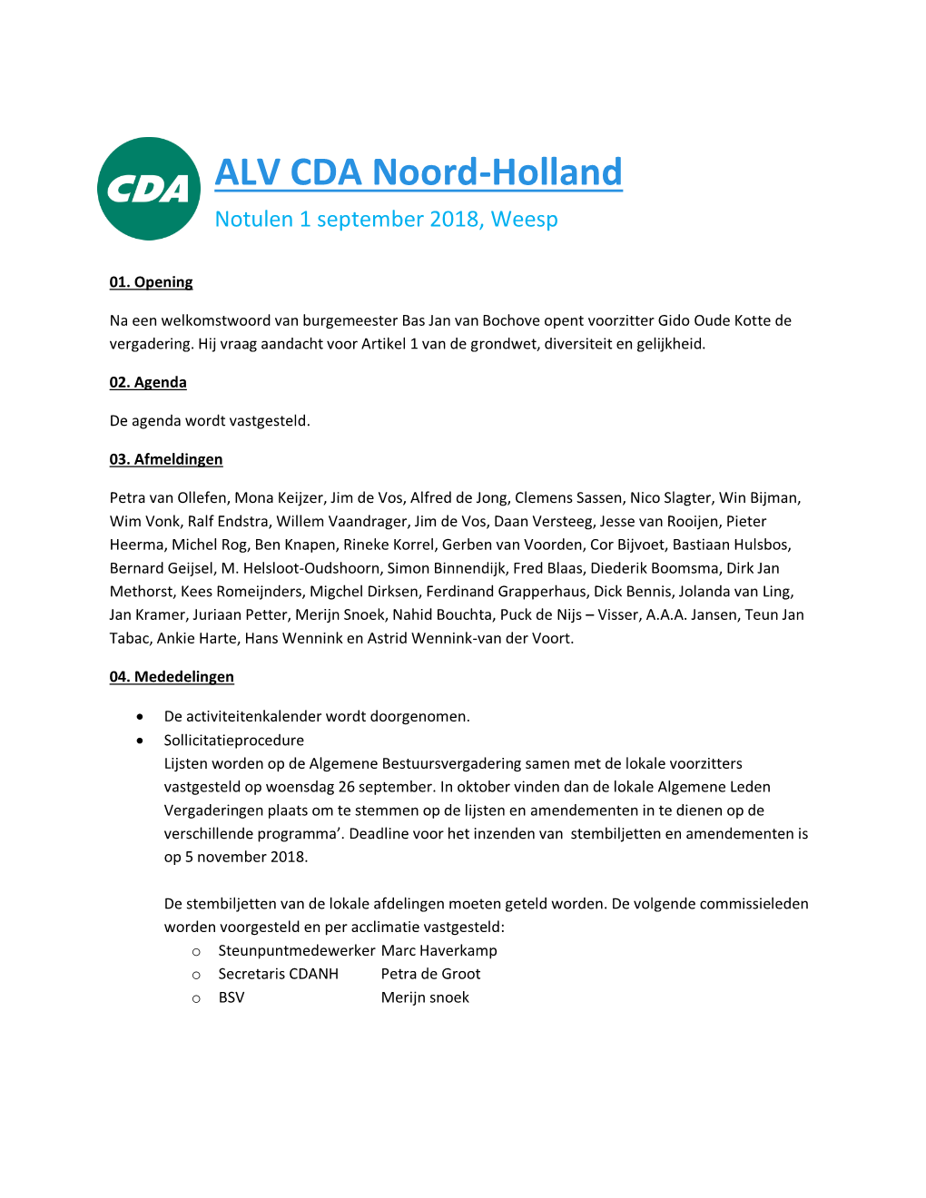 ALV CDA Noord-Holland Notulen 1 September 2018, Weesp