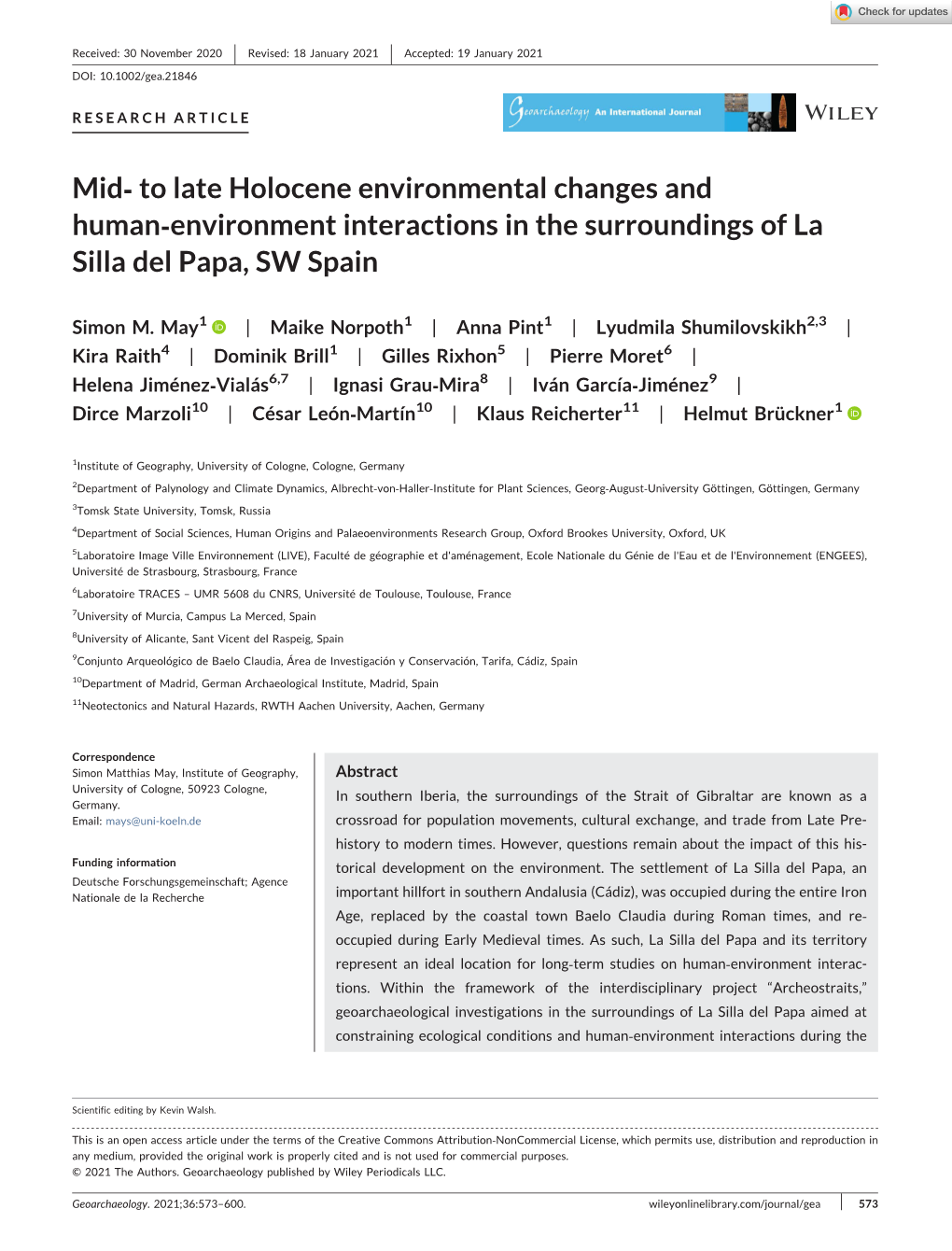 To Late Holocene Environmental Changes and Human‐Environment Interactions in the Surroundings of La Silla Del Papa, SW Spain