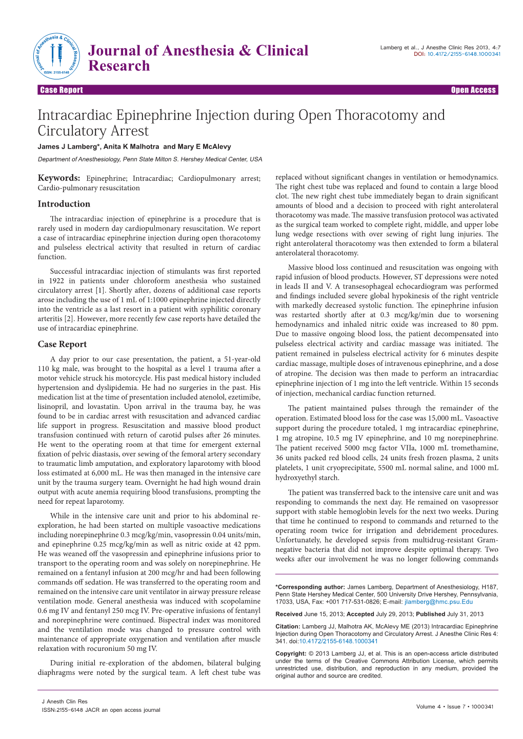 Intracardiac Epinephrine Injection During Open Thoracotomy And