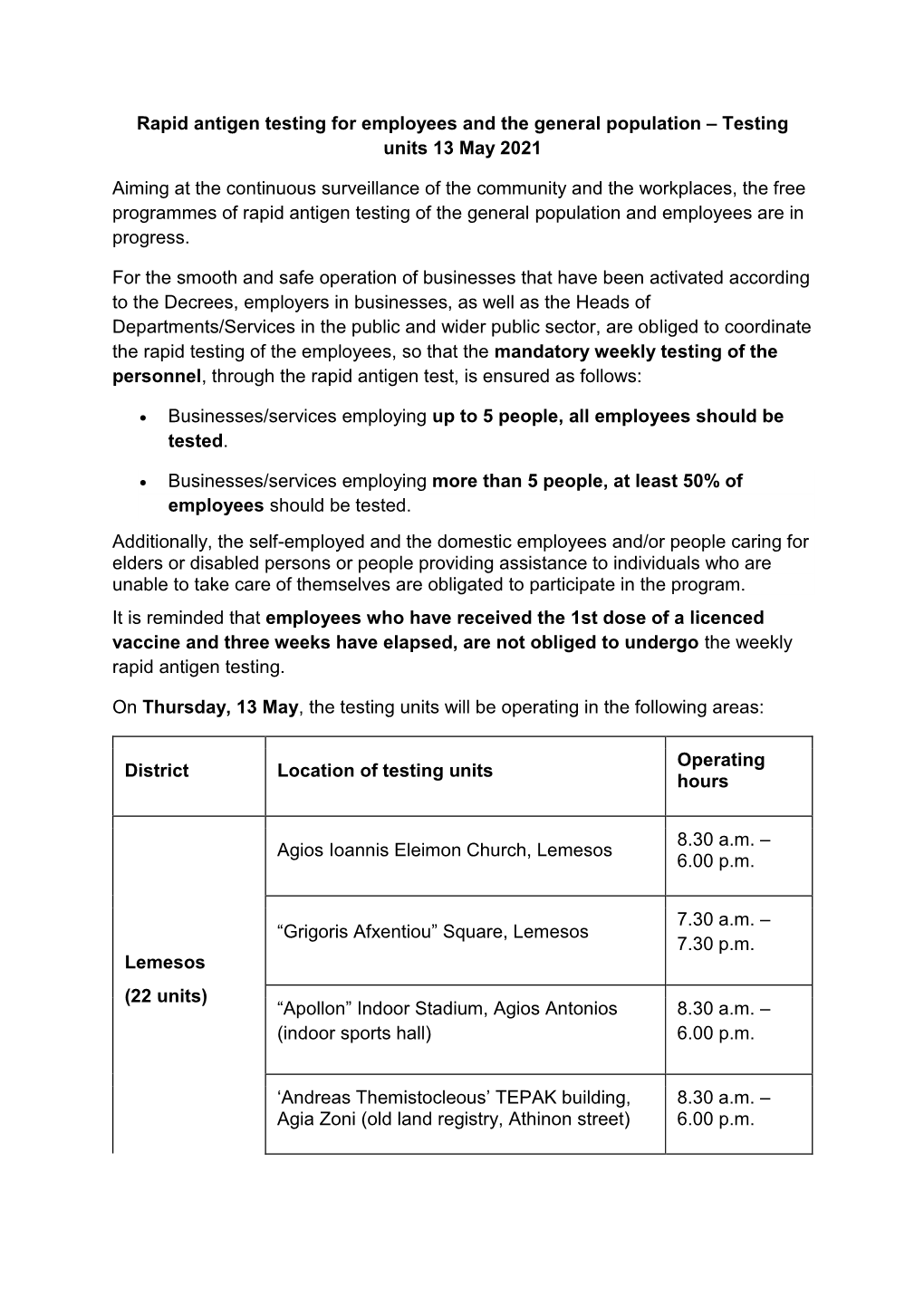 Rapid Antigen Testing for Employees and the General Population – Testing Units 13 May 2021