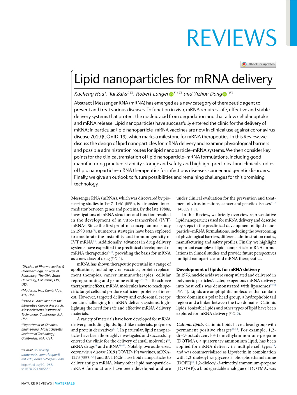 Lipid Nanoparticles for Mrna Delivery