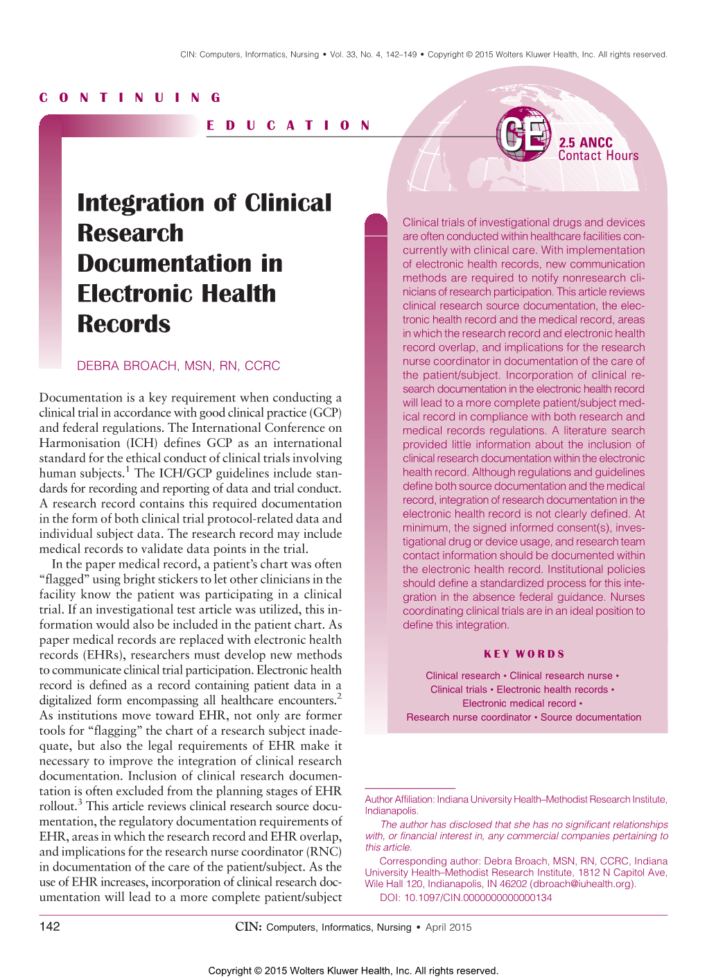 Integration of Clinical Research Documentation in Electronic Health