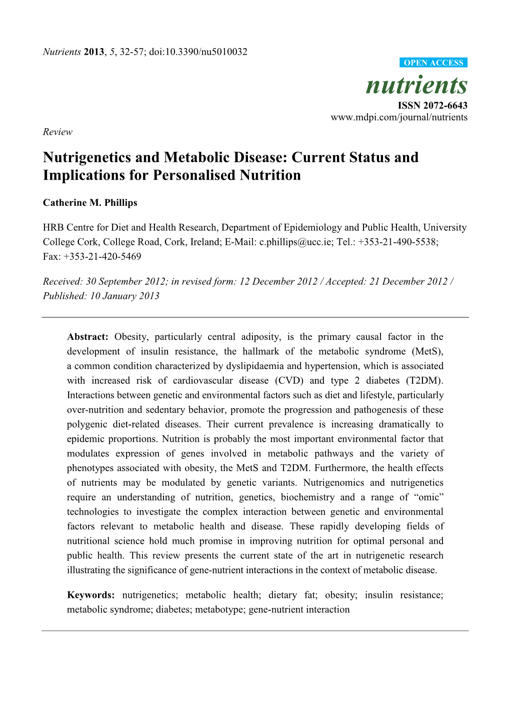 Nutrigenetics and Metabolic Disease: Current Status and Implications for Personalised Nutrition