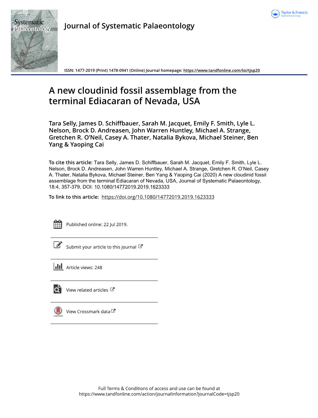 A New Cloudinid Fossil Assemblage from the Terminal Ediacaran of Nevada, USA