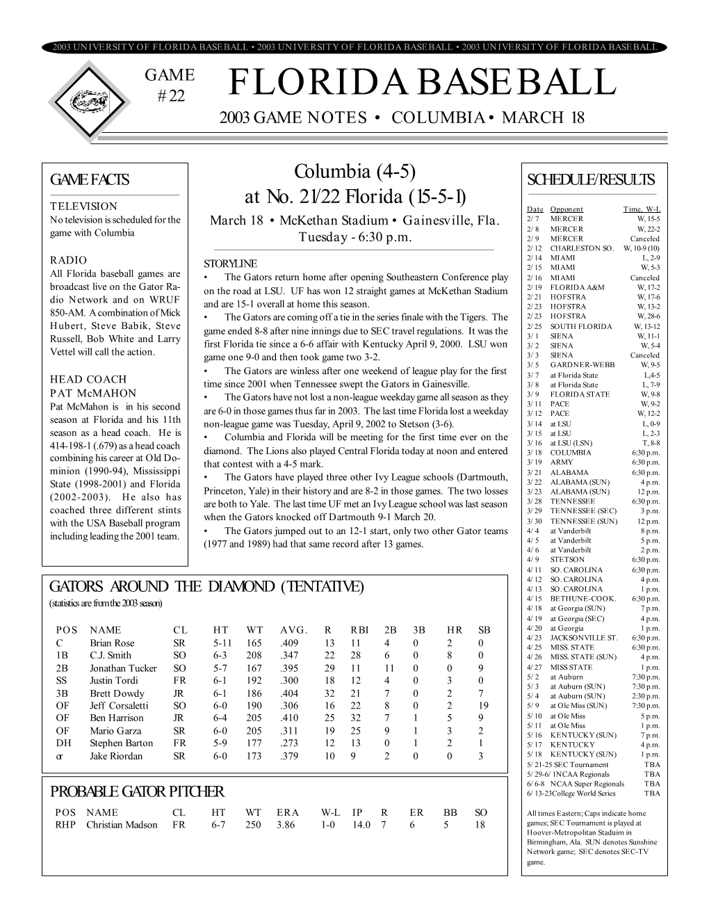 Florida Baseball • 2003 University of Florida Baseball • 2003 University of Florida Baseball Game #22 Florida Baseball 2003 Game Notes • Columbia • March 18