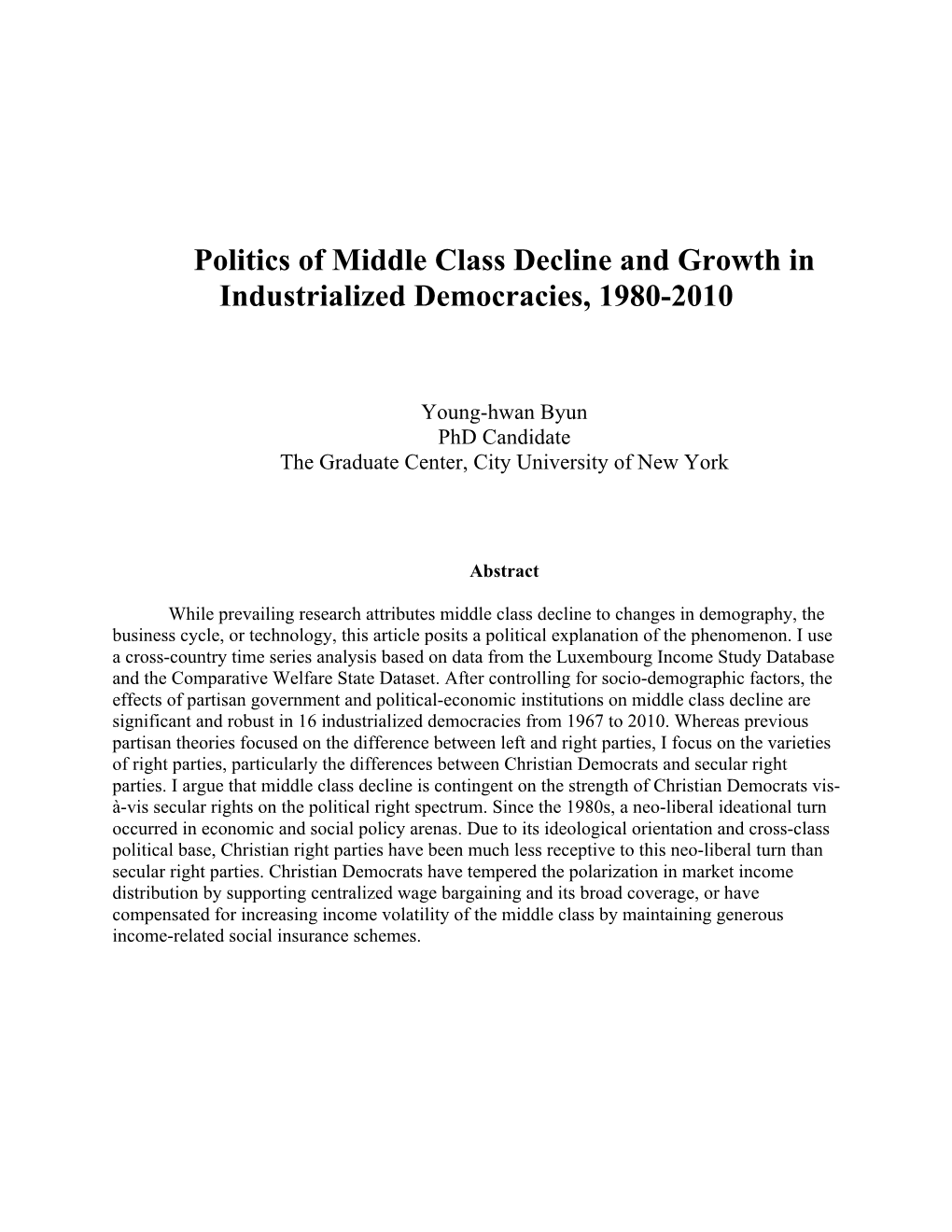 Politics of Middle Class Decline and Growth in Advanced Democracies