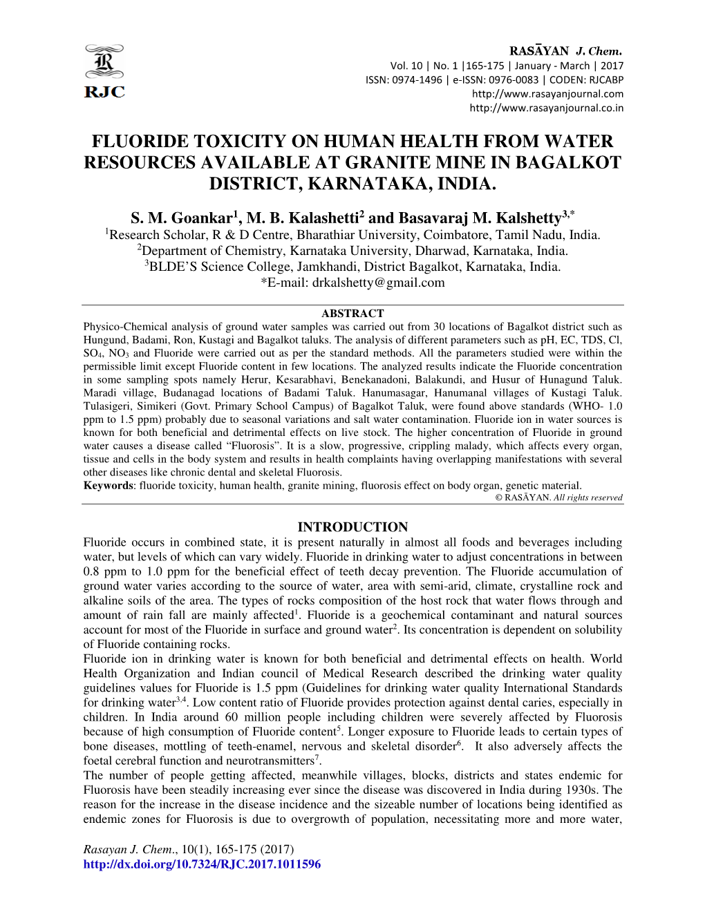 Fluoride Toxicity on Human Health from Water Resources Available at Granite Mine in Bagalkot District, Karnataka, India