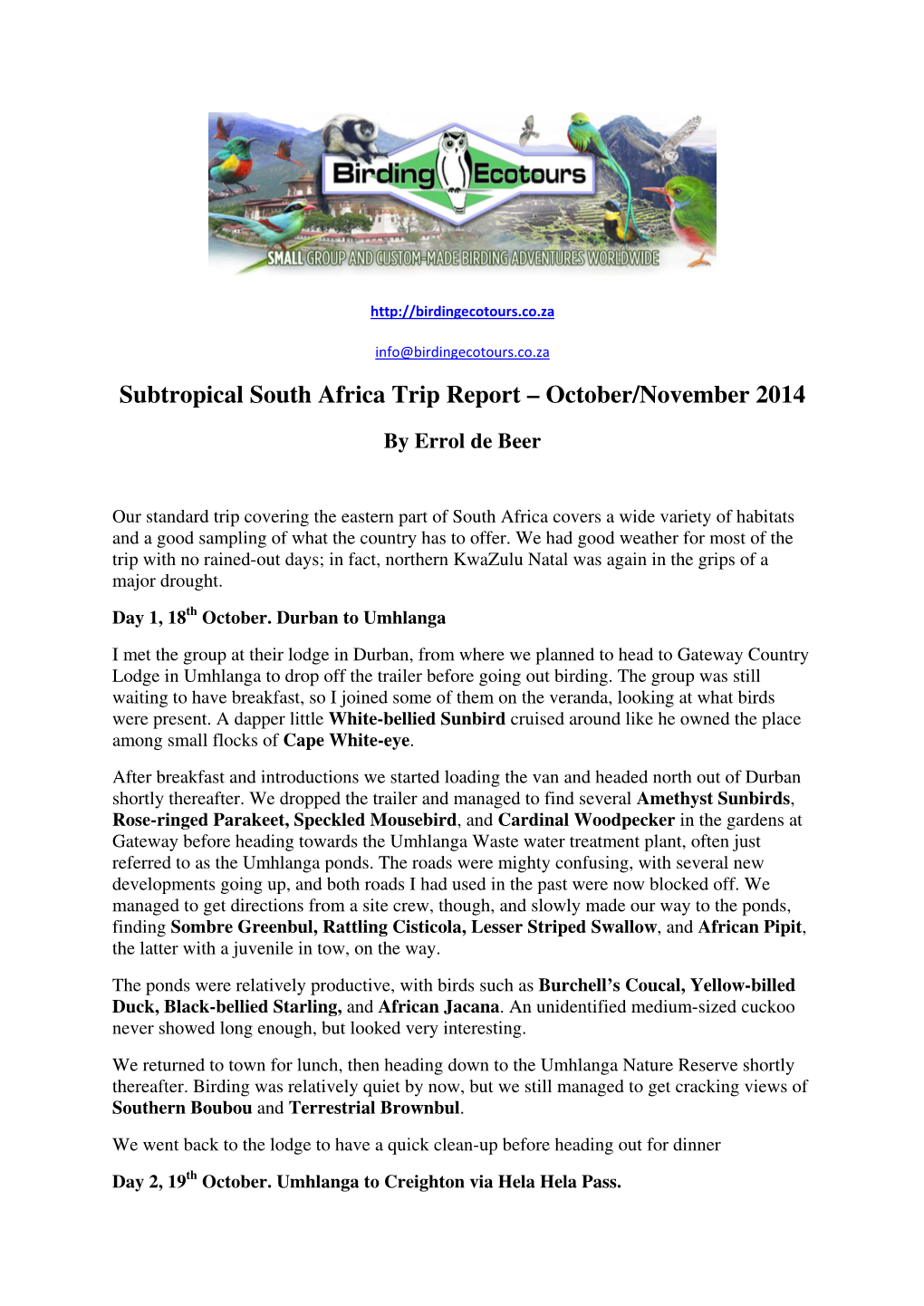 Subtropical South Africa Trip Report – October/November 2014